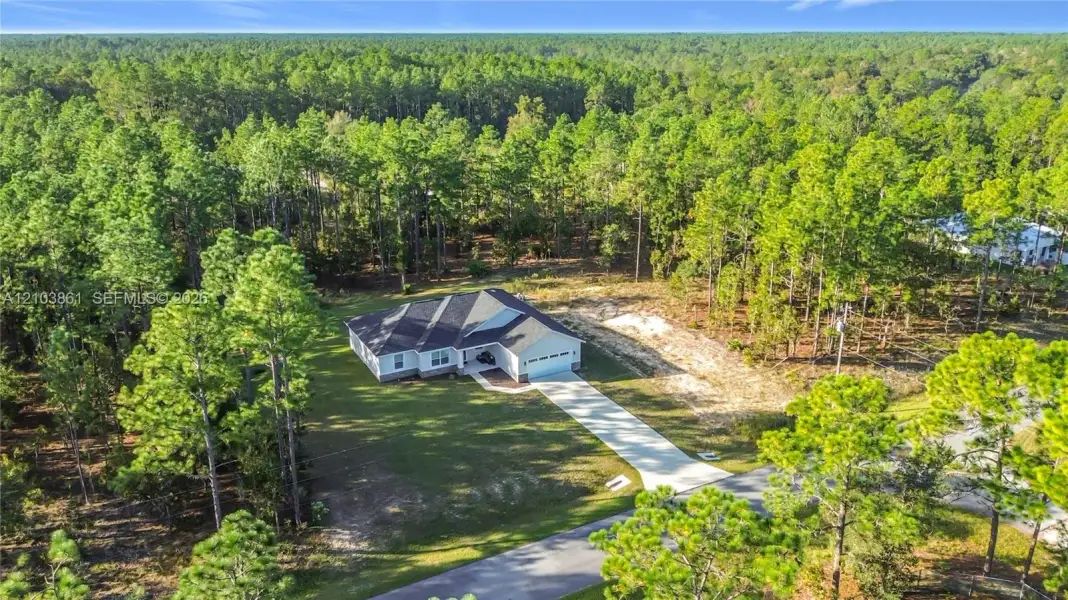 Single-story residence featuring a multi-gable roofline, attached two-car garage, concrete driveway, and expansive lot bordered by dense wooded greenery
