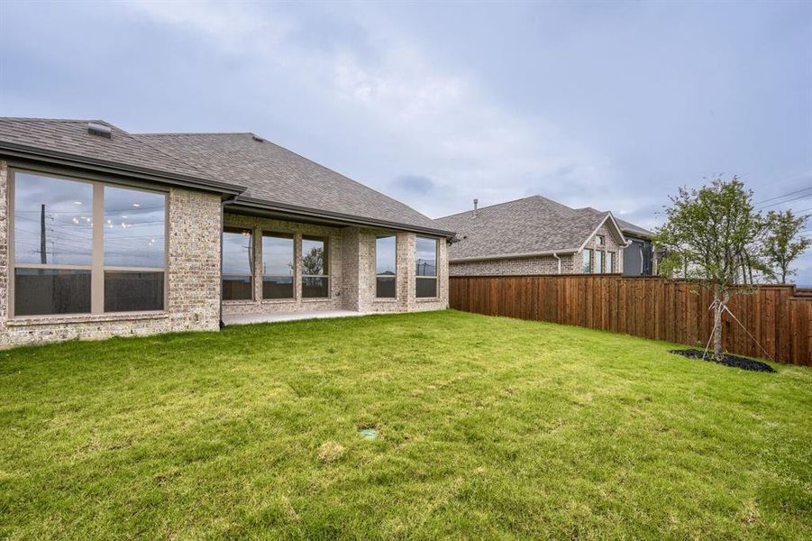 Expansive grassy yard featuring a new privacy fence