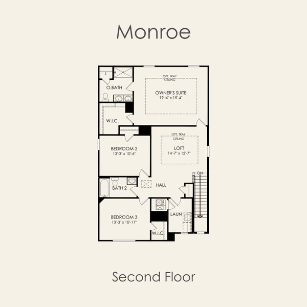 2D floor plan layout for the Monroe by Pulte Homes in Saddleback at Santa Rita Ranch, Liberty Hill, TX (Image 4).