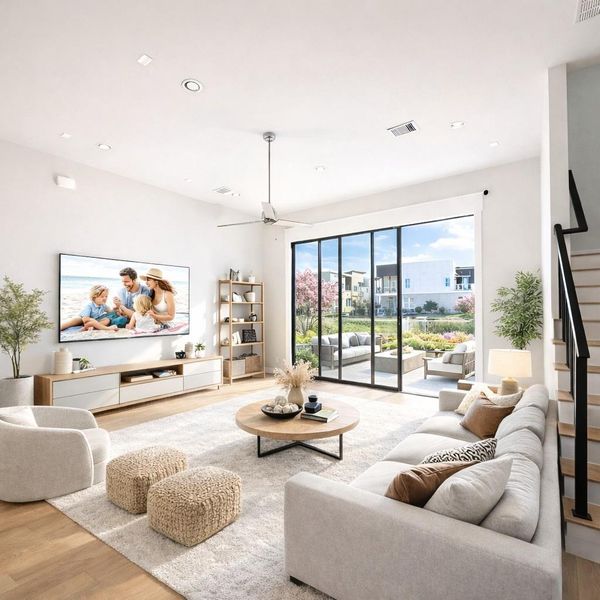 4 Bedroom Two Story w/ 12 FT Living Room Ceilings - 10 FT Tall Slidig Glass Doors Open to Back Yard.  (pic was virtually staged)