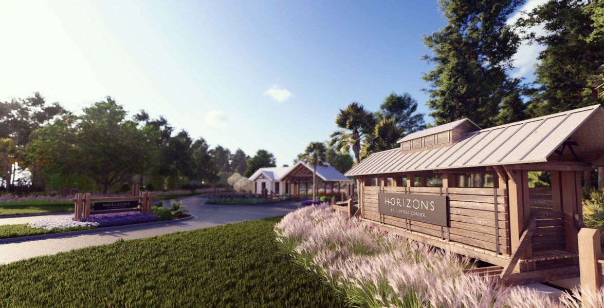 Front exterior of a new home in Horizons at Summers Corner | 55+: The Estates, Summerville, SC, highlighting curb appeal (Image 1).