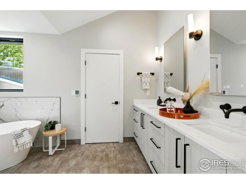 5 piece primary bath with vaulted ceilings & heated tile floors 5 piece primary bath with vaulted ceilings & heated tile floors