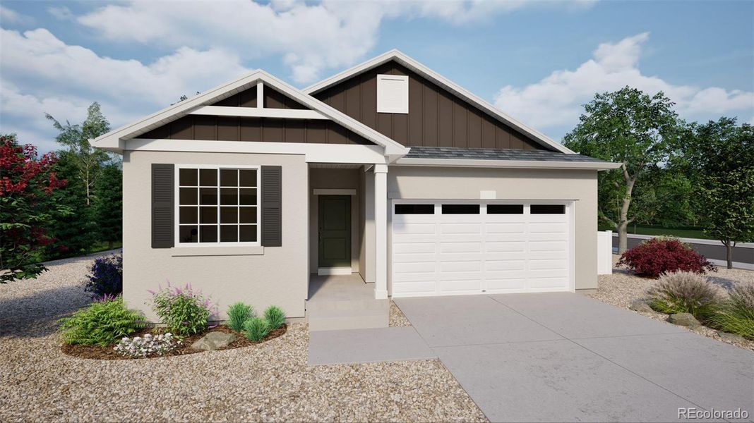 Front exterior of a new home in Green Valley Ranch, Aurora, CO, highlighting curb appeal (Image 1). Front exterior of a new home in Green Valley Ranch, Aurora, CO, highlighting curb appeal (Image 1).