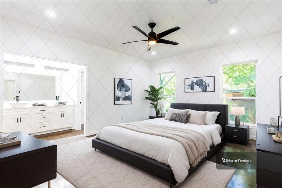 Bedroom with tile walls and ceiling fan