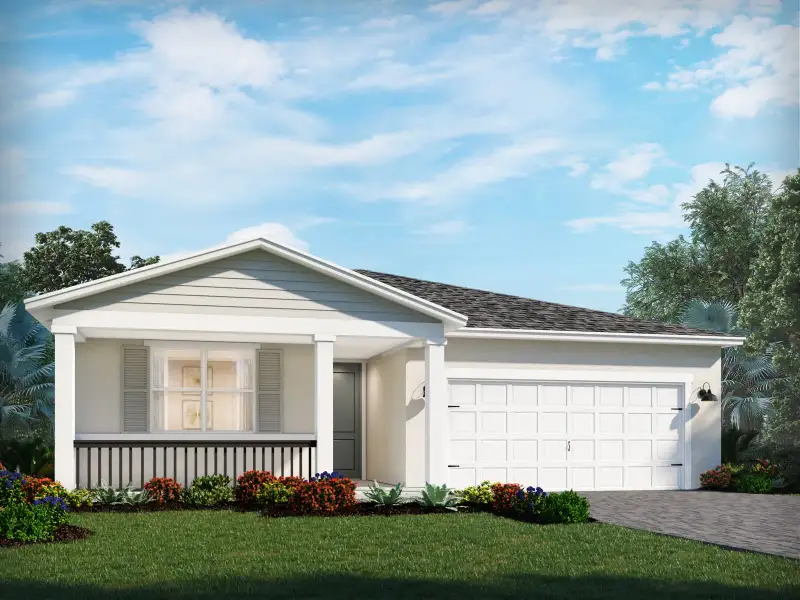 Front exterior of a new home in Crescent Lakes - Reserve Series, Punta Gorda, FL, highlighting curb appeal (Image 2). Front exterior of a new home in Crescent Lakes - Reserve Series, Punta Gorda, FL, highlighting curb appeal (Image 2).