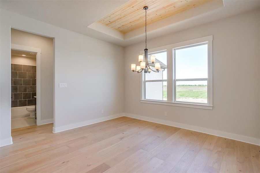 Unfurnished room with a tray ceiling, light wood-style flooring, a chandelier, and baseboards Unfurnished room with a tray ceiling, light wood-style flooring, a chandelier, and baseboards