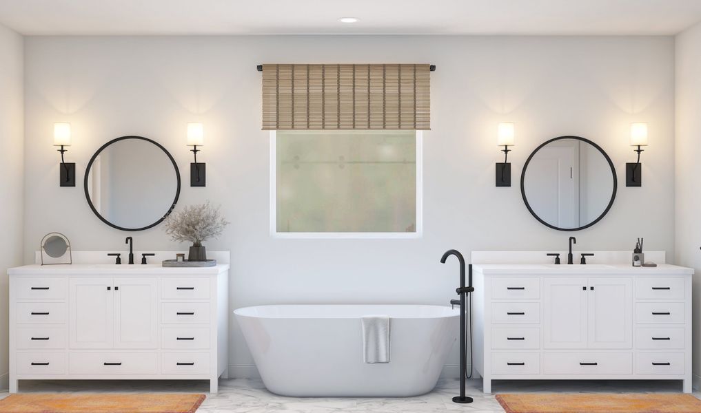 Primary bath with dual vanities and matte black fixtures