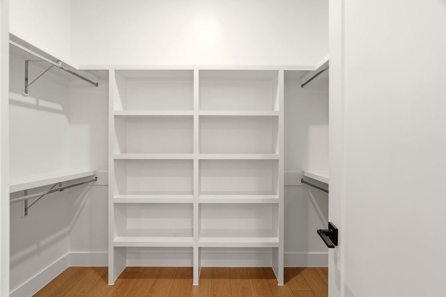 Master Bedroom Walk in closet with light wood-style flooring