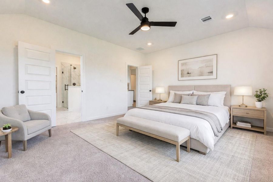 Spacious primary suite with plush carpeting, ceiling fan, and room for large furniture. This photo has been virtually staged for visual reference.