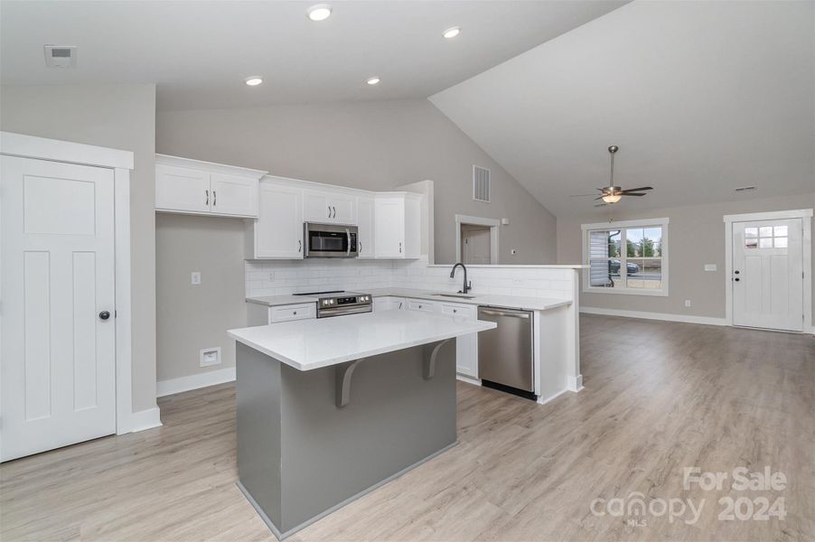 Granite Counter Tops, Subway Tile backsplash, Stainless Steel Appliances, Large Island, Soft Close Cabinetry, and Pantry completes this Kitchen