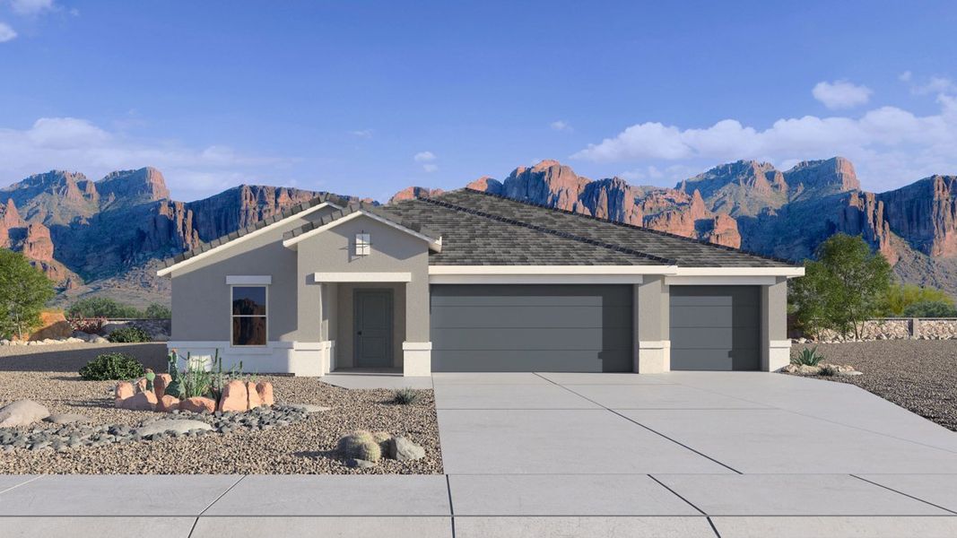 Front exterior of a new home in Radiance at Superstition Vistas, Apache Junction, AZ, highlighting curb appeal (Image 1). Front exterior of a new home in Radiance at Superstition Vistas, Apache Junction, AZ, highlighting curb appeal (Image 1).