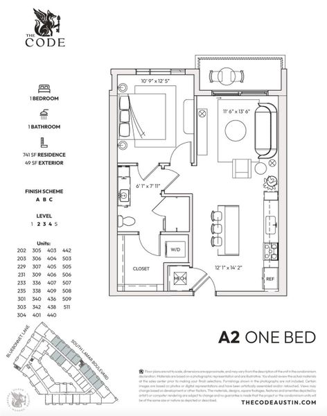 The A2 floor plan features 1 bedroom with 1 bathroom in 741 square feet The A2 floor plan features 1 bedroom with 1 bathroom in 741 square feet