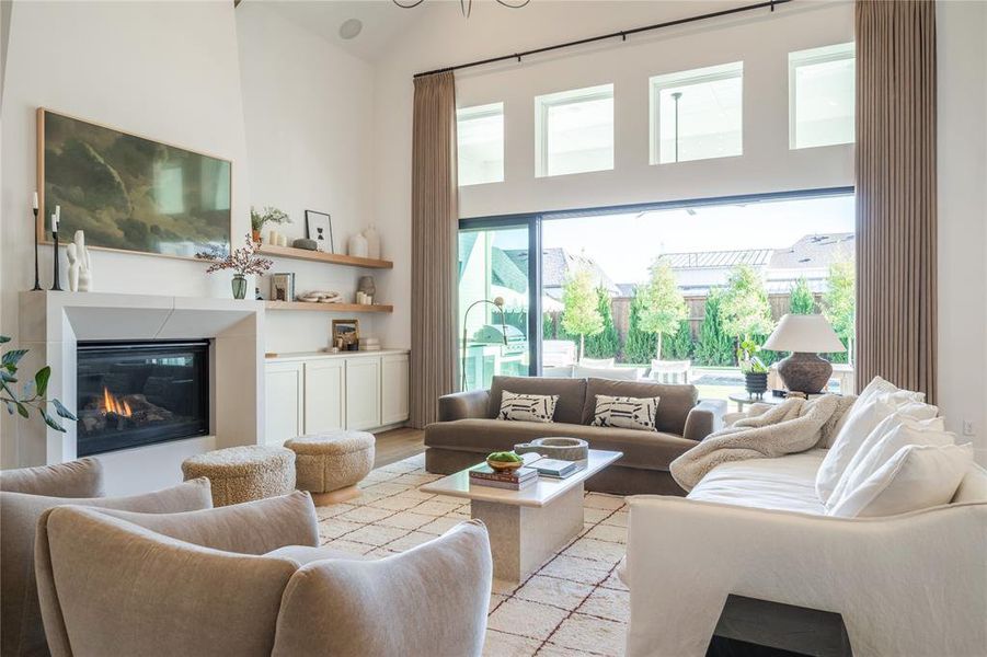 Living room with light wood-type flooring