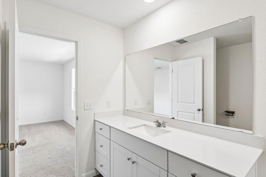 Bathroom featuring vanity and dark colored carpet