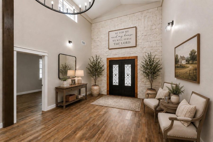 This room features high ceilings and a statement stone accent wall with elegant metal rod iron double doors. The tile floors and large chandelier add warmth and sophistication, while ample natural light enhances the spaciousness. AI decorate photo. This room features high ceilings and a statement stone accent wall with elegant metal rod iron double doors. The tile floors and large chandelier add warmth and sophistication, while ample natural light enhances the spaciousness. AI decorate photo.