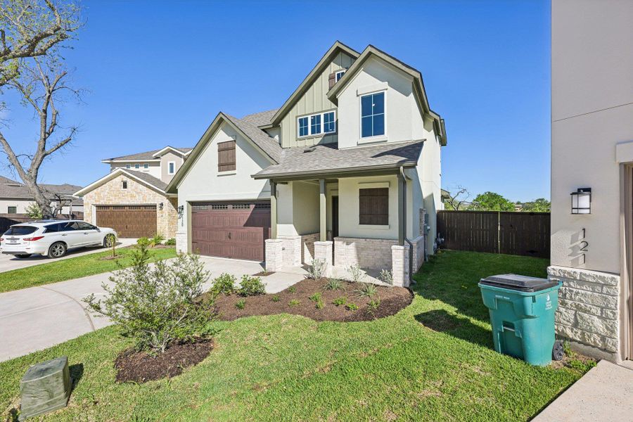 Front exterior of a new home in Cross Creek, Cedar Park, TX, highlighting curb appeal (Image 20).