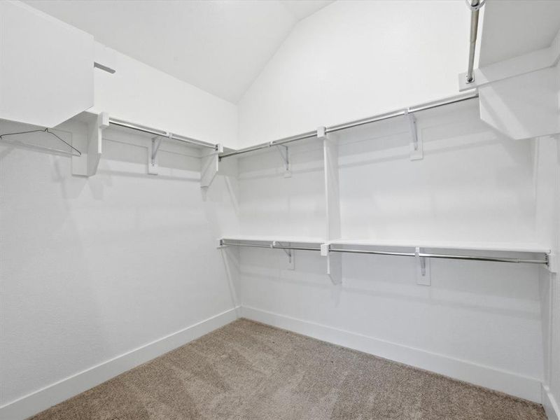 Walk in closet featuring light carpet and lofted ceiling