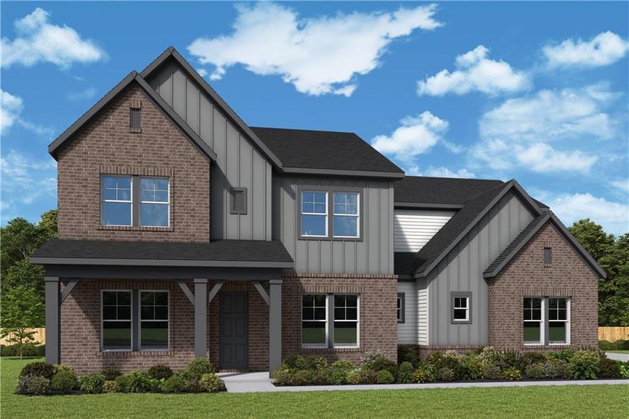 Front exterior of a new home in Meadow Brook Farms, Cumming, GA, highlighting curb appeal (Image 1).