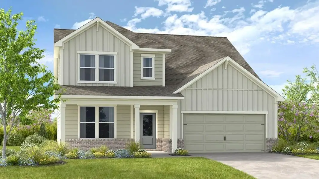 Front exterior of a new home in Weatherfield, Buford, GA, highlighting curb appeal (Image 1). Front exterior of a new home in Weatherfield, Buford, GA, highlighting curb appeal (Image 1).