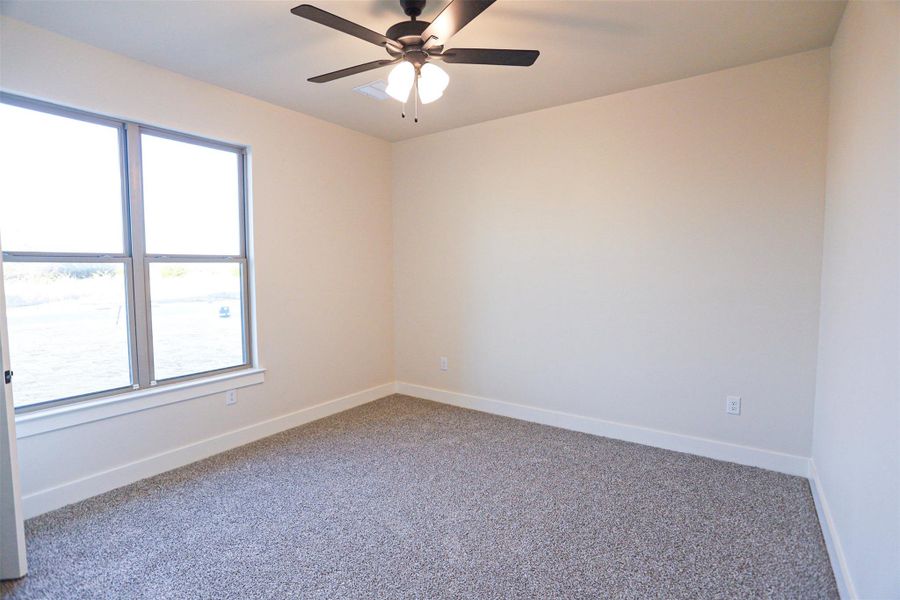 Spare room featuring carpet floors and a ceiling fan