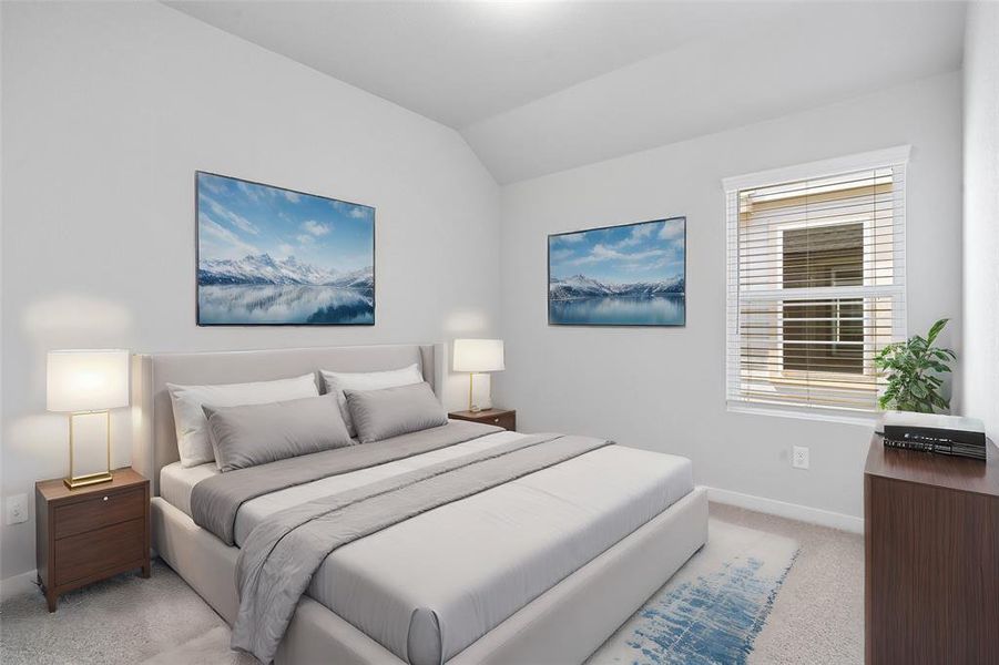 Secondary bedroom features plush carpet, neutral paint, lighting and a large window with privacy blinds.