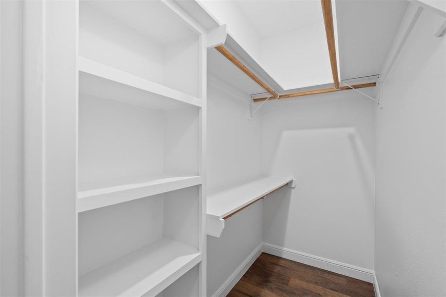 Spacious closet featuring dark wood-type flooring