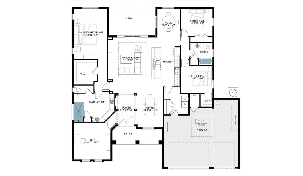 2D floor plan layout for the Aruba 2 by Medallion Home in Watercolor Place, Bradenton, FL (Image 3).