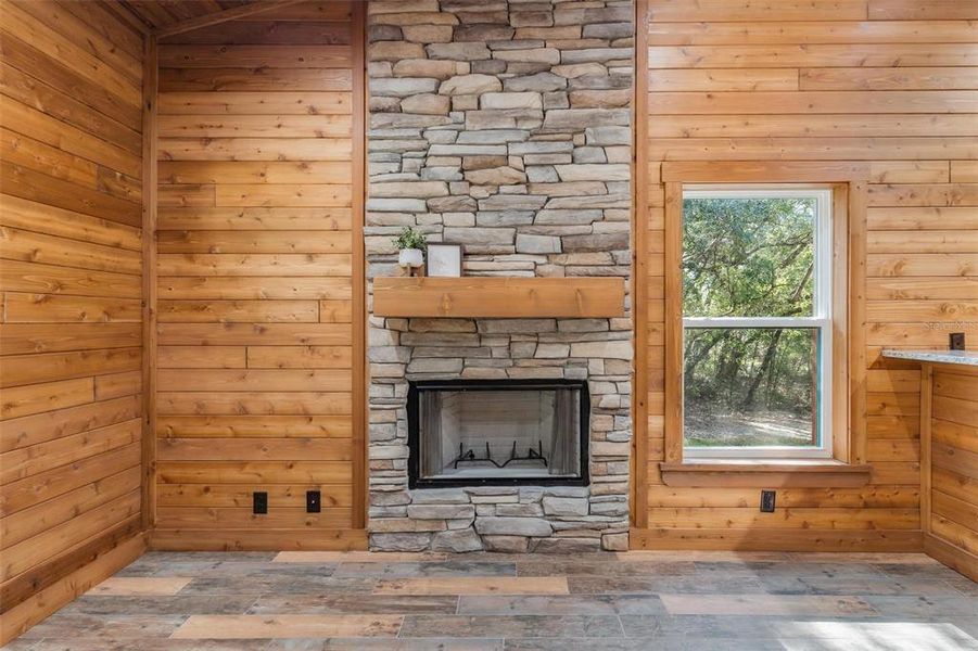 Living Room with Stone Fireplace