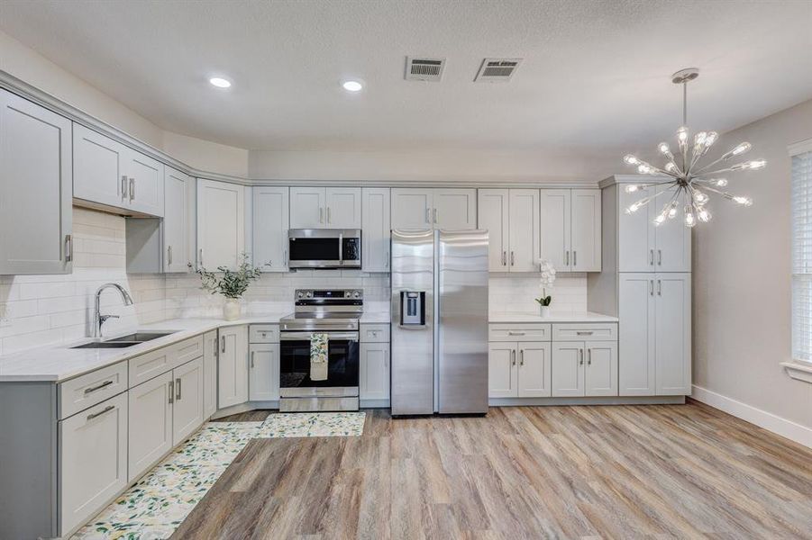 Kitchen with light hardwood / wood-style floors, appliances with stainless steel finishes, decorative backsplash, and sink