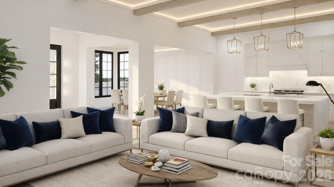 Rendering of open living with views of foyer and dining and kitchen Rendering of open living with views of foyer and dining and kitchen