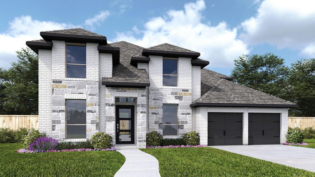 Front exterior of a new home in Austin Point, Richmond, TX, highlighting curb appeal (Image 1). Front exterior of a new home in Austin Point, Richmond, TX, highlighting curb appeal (Image 1).