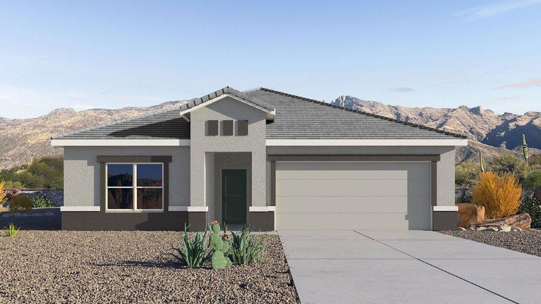 Front exterior of a new home in Saguaro Bloom, Marana, AZ, highlighting curb appeal (Image 1). Front exterior of a new home in Saguaro Bloom, Marana, AZ, highlighting curb appeal (Image 1).