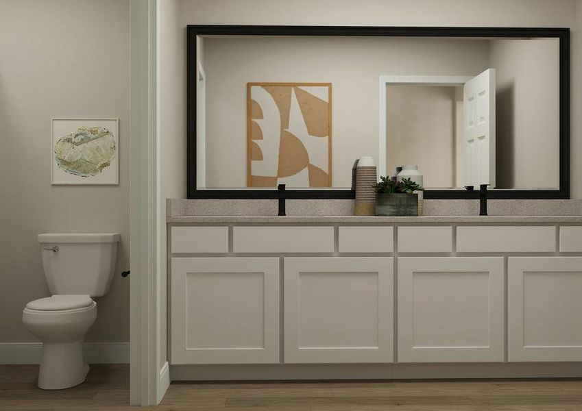 Rendering of a large full bath with a
  double-sink vanity. The shower and toilet are separated by a doorway.Â