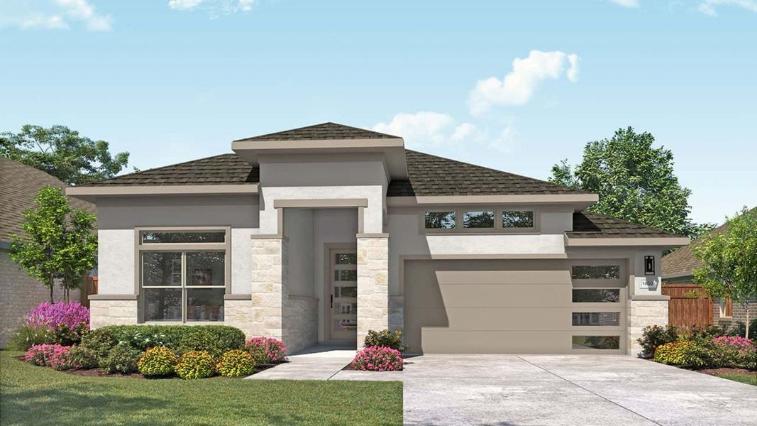 Representative exterior photo of a completed home built from the Mahogany by DRB Homes in Meyer Ranch – Premier, New Braunfels, TX (Image 7). Representative exterior photo of a completed home built from the Mahogany by DRB Homes in Meyer Ranch – Premier, New Braunfels, TX (Image 7).