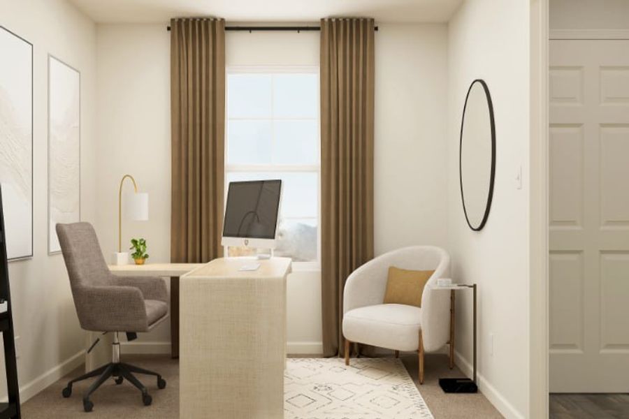 A room with a desk and chairs.