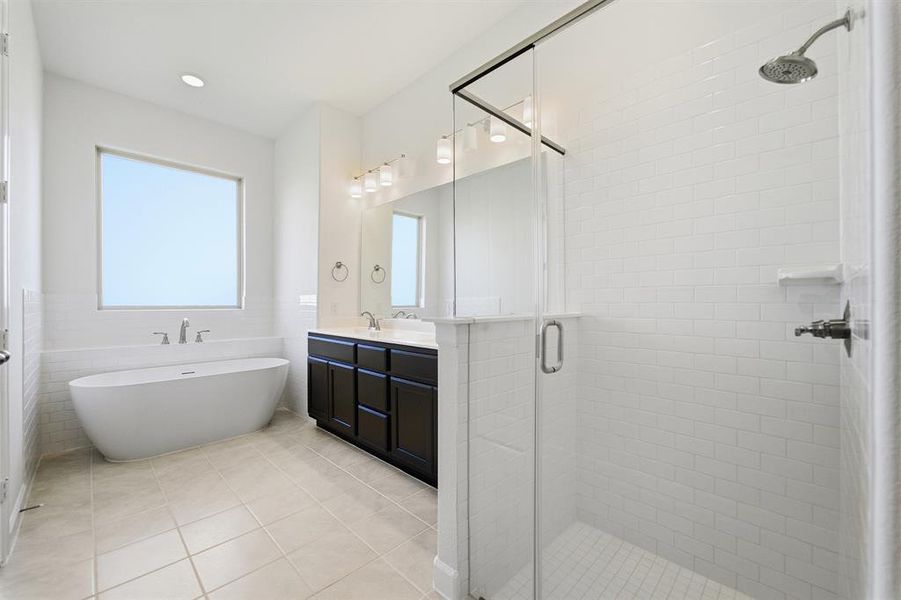 Spa-like bathroom featuring a freestanding tub, glass-enclosed shower with subway tile, a double vanity with dark cabinetry, and light tile flooring
