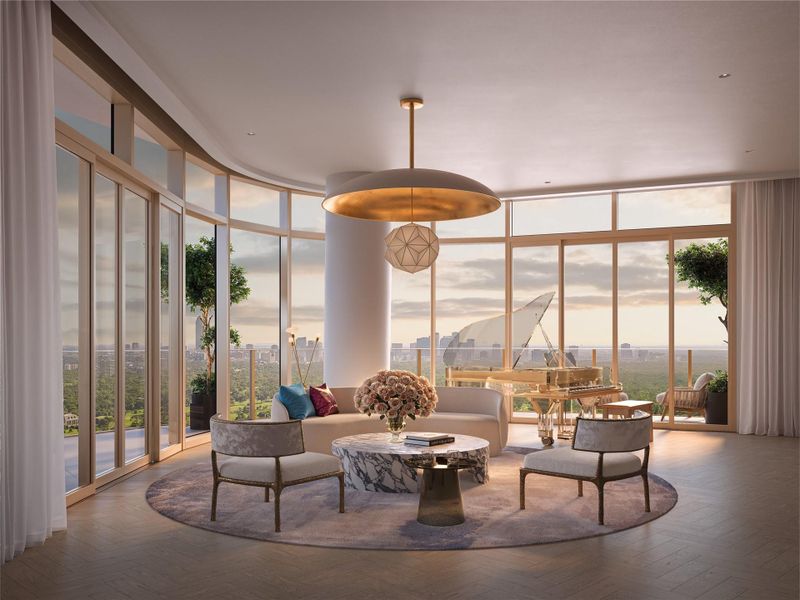 Living spaces are graced with curved cove detailing, bespoke storage, and thoughtfully positioned art walls, while fluted accents and exposed columns add architectural distinction.