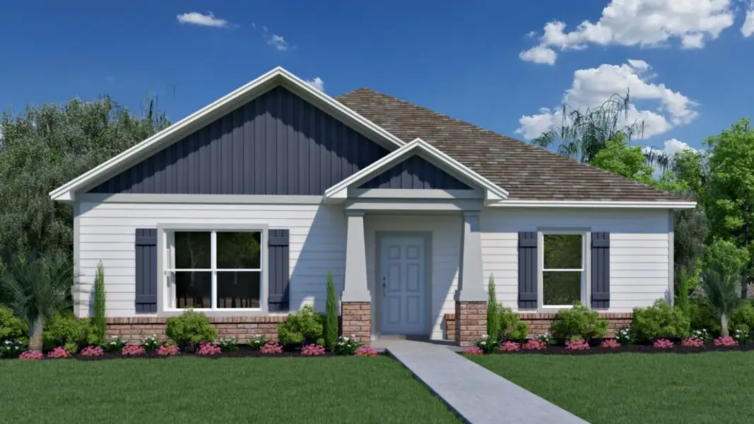 Representative exterior photo of a completed home built from the Panama by Holiday Builders in Yellow River Ranch, Milton, FL (Image 2). Representative exterior photo of a completed home built from the Panama by Holiday Builders in Yellow River Ranch, Milton, FL (Image 2).