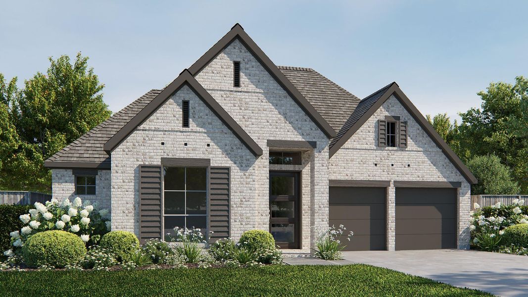 Front exterior of a new home in Meridiana 60', Manvel, TX, highlighting curb appeal (Image 1). Front exterior of a new home in Meridiana 60', Manvel, TX, highlighting curb appeal (Image 1).