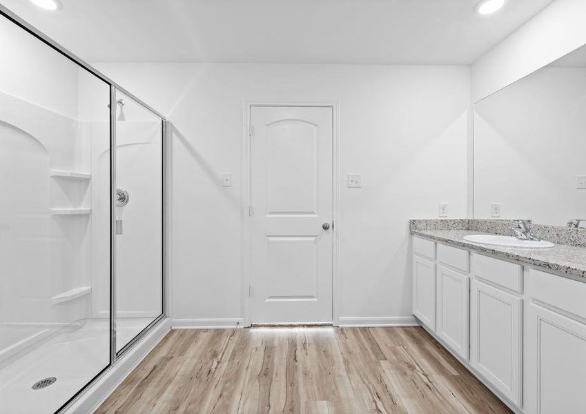 A step-in shower a tons of counterspace in the master bathroom