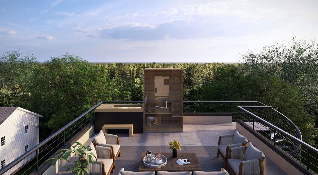 An inviting rooftop deck boasts a private outdoor shower and tranquil forest views. An inviting rooftop deck boasts a private outdoor shower and tranquil forest views.
