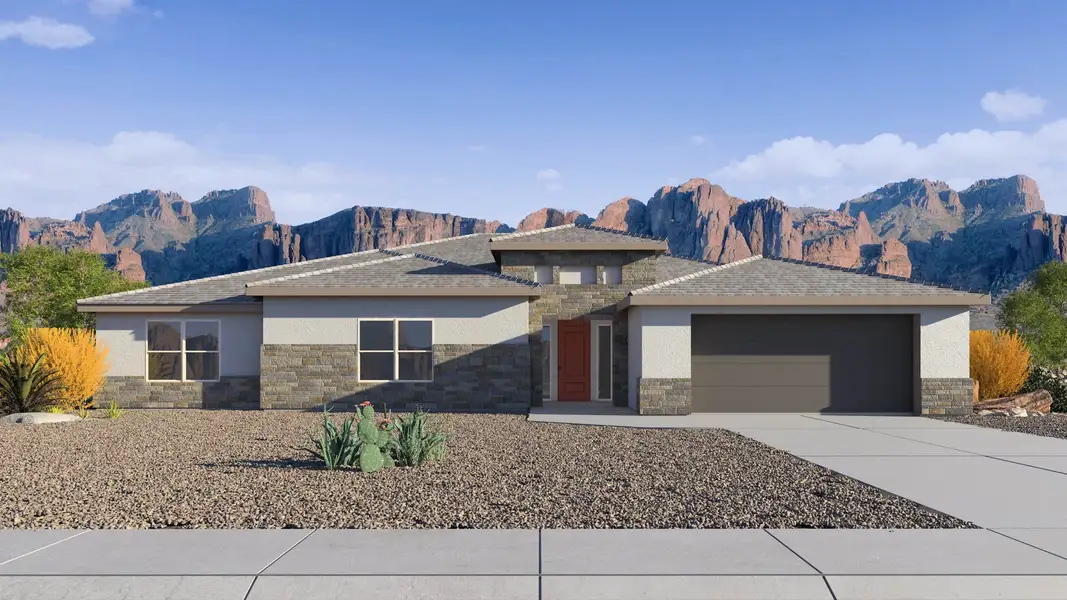 Front exterior of a new home in Zanjero Pass, Waddell, AZ, highlighting curb appeal (Image 1). Front exterior of a new home in Zanjero Pass, Waddell, AZ, highlighting curb appeal (Image 1).
