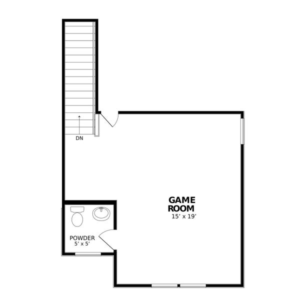 Floor plan showcasing a generous game room, powder room, and convenient stair access. Floor plan showcasing a generous game room, powder room, and convenient stair access.