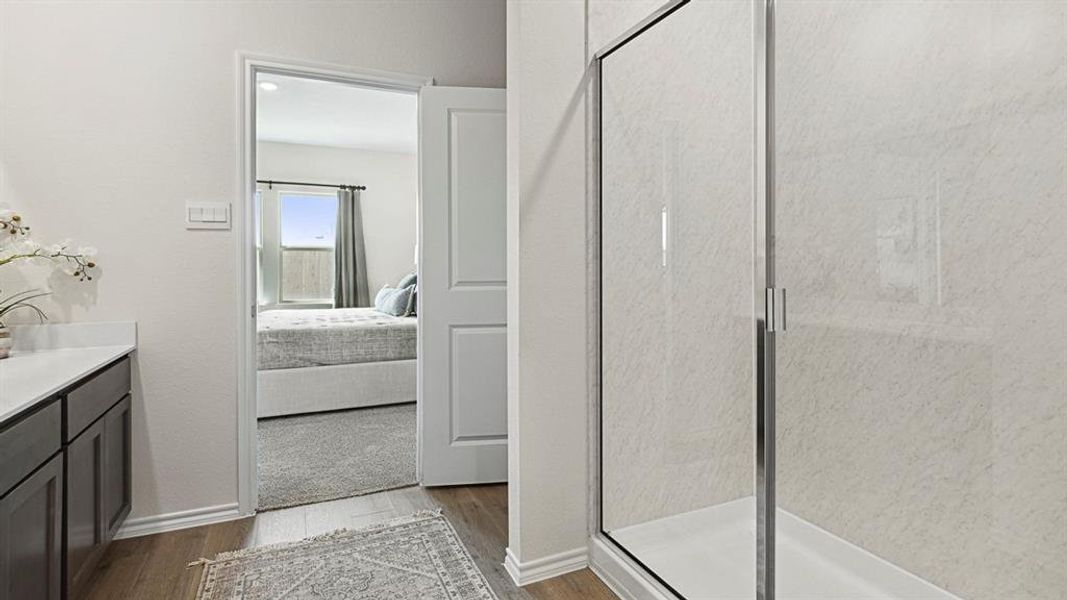 Bathroom featuring a glass-enclosed shower, a vanity with a white countertop, and wood-look flooring