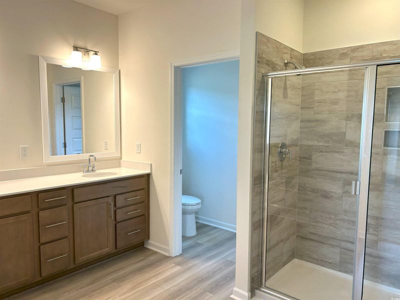 Full bathroom featuring a shower stall, vanity, and wood finished floors