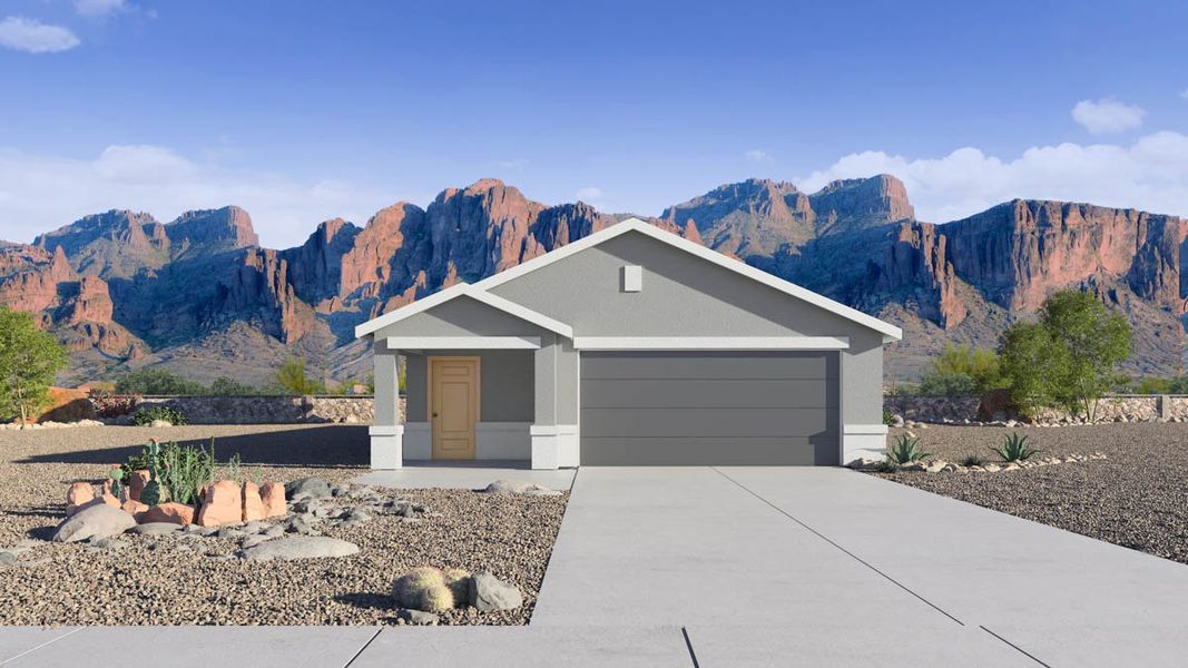 Front exterior of a new home in Elena Trails, Maricopa, AZ, highlighting curb appeal (Image 1). Front exterior of a new home in Elena Trails, Maricopa, AZ, highlighting curb appeal (Image 1).