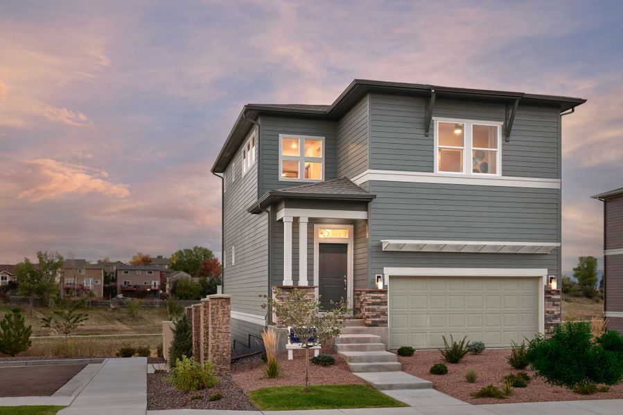 Representative exterior photo of a completed home built from the The Deerfield by David Weekley Homes in Trailside at Cottonwood Creek, Colorado Springs, CO (Image 1).