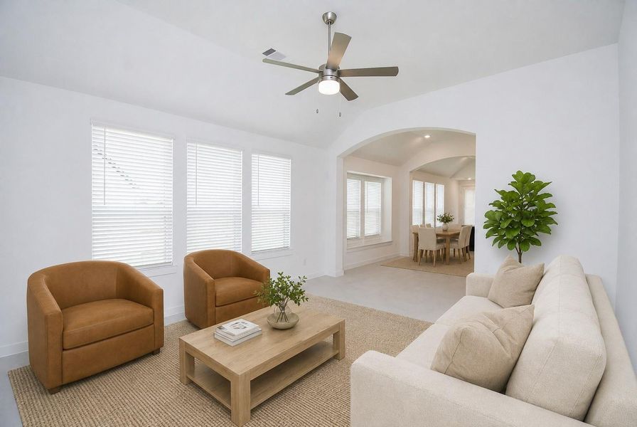 This grand living area is also naturally lit, while a high ceiling, generous wall and floor space, and wide arched doorway naturally connect living, dining and kitchen space, ahead. Virtually staged. This grand living area is also naturally lit, while a high ceiling, generous wall and floor space, and wide arched doorway naturally connect living, dining and kitchen space, ahead. Virtually staged.