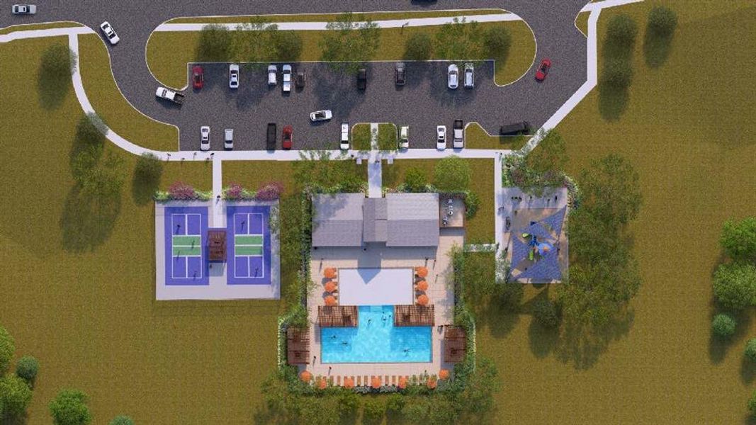 Community amenities featuring a central clubhouse, two swimming pools with deck seating, two pickleball courts, and a playground area, all surrounded by green spaces and a dedicated parking lot