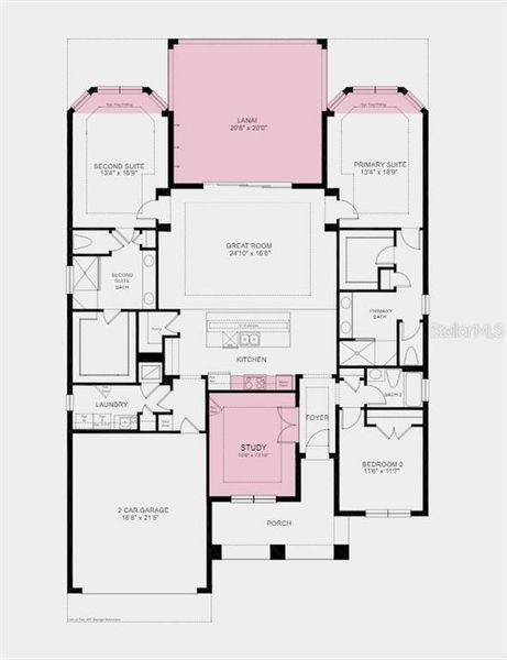 Floor Plan - Structural options added include: Gourmet kitchen, study, 8' interior doors, bay window at primary suite, second suite alternate 1, outdoor kitchen rough-in, and extended covered lanai.